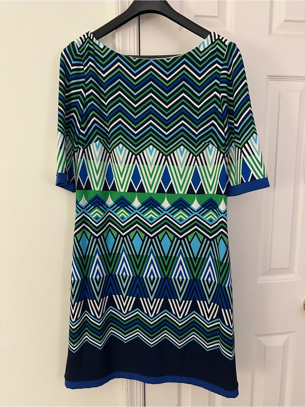 Eliza J Blue, Green & White Geometric Midi Dress